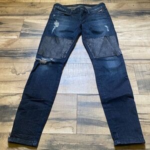 GUESS Dark Blue Jeans Distressed w/ Leather Accent Zipper Ankle Stretch Sz 28